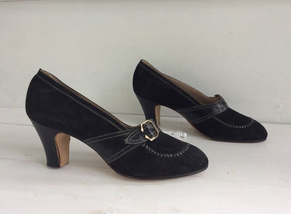 Vintage 30s Shoes Deco Heels Black 6 1930s