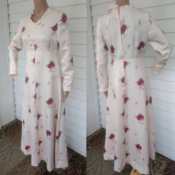 70s Floral Print Dress Long Sleeve Gown Long Pink… - image 5