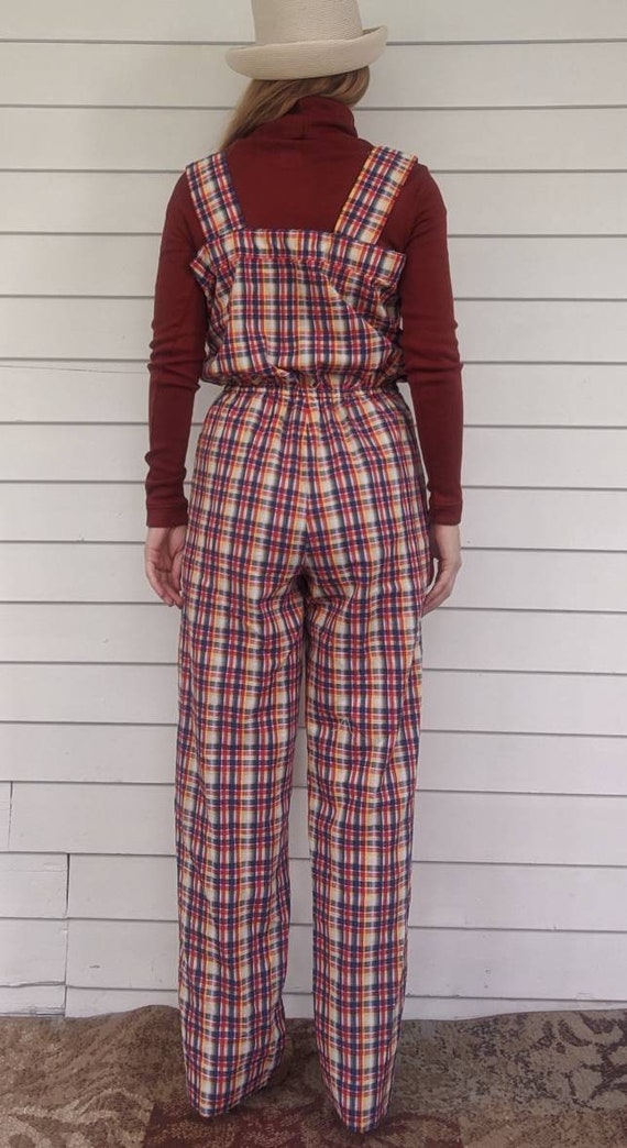 70s Plaid Jumpsuit S White Blue Yellow Red Rainbow - image 5