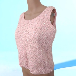 Suéter de cachemira rosa con cuentas y lentejuelas sin mangas, top vintage de los años 50 y 60, talla S