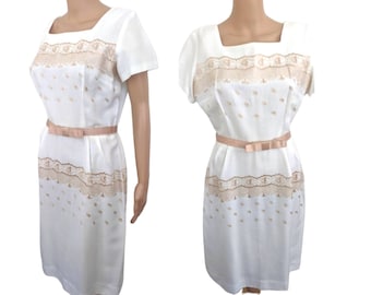 50s White Embroidered Dress Spring M L 38 30