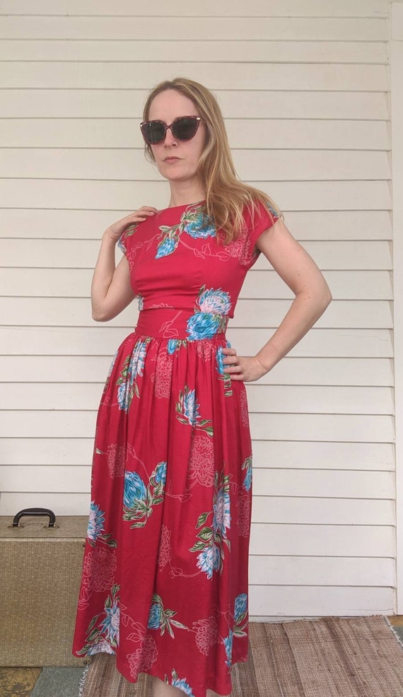 80s Red Dress Vintage Floral Rayon XS - image 10