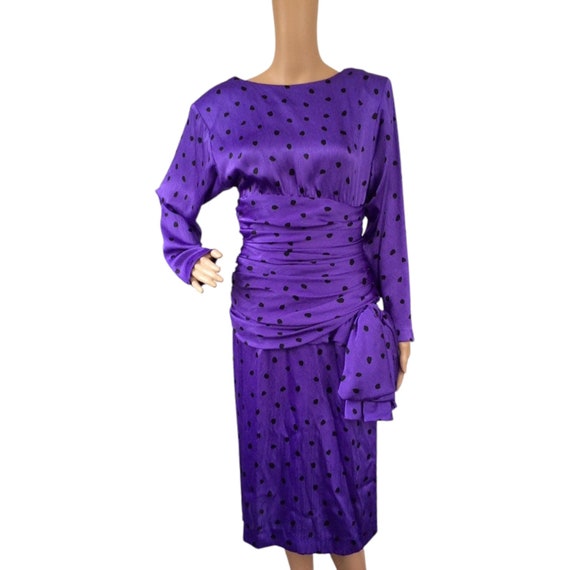 80s Purple Polka Dot Dress I Magnin Vintage Bow S - image 2