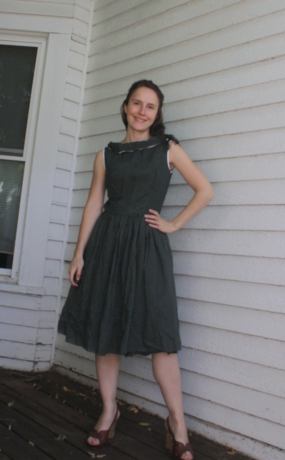 50s Dark Green Dress Polka Dot Print Sleeveless V… - image 6
