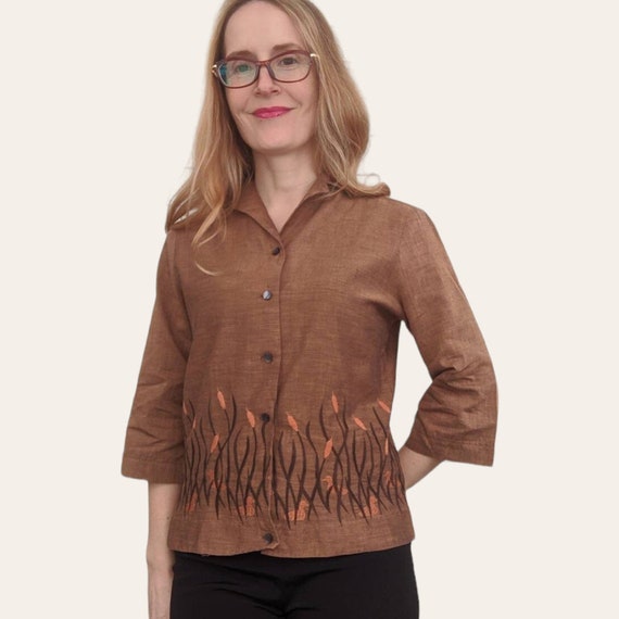 60s Embroidered Blouse Brown Cattails Ducks Vinta… - image 3