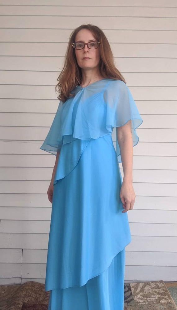 blue ruffle cape dress Alivia Sky Blue Ball Gown Lace Appliqued Off the Shoulder Organza Prom Dress main image 1