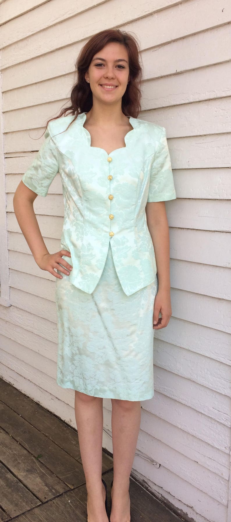 80s Jacket and Skirt Pale Mint Floral Suit Embossed M