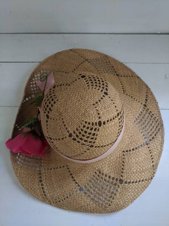 Vintage Straw Summer Hat Wide Brim Ribbon Floral … - image 8