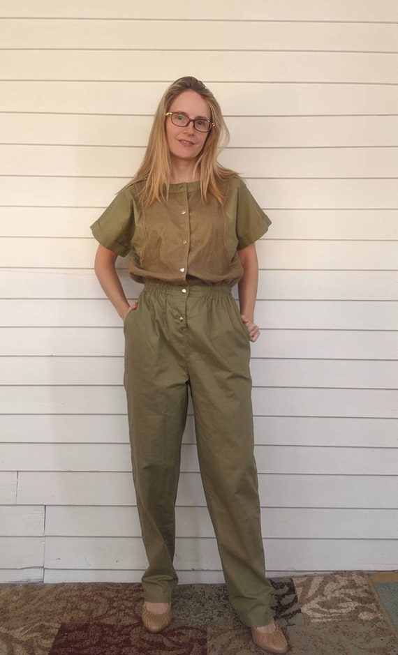 Green Khaki Cotton Jumpsuit 70s Vintage S