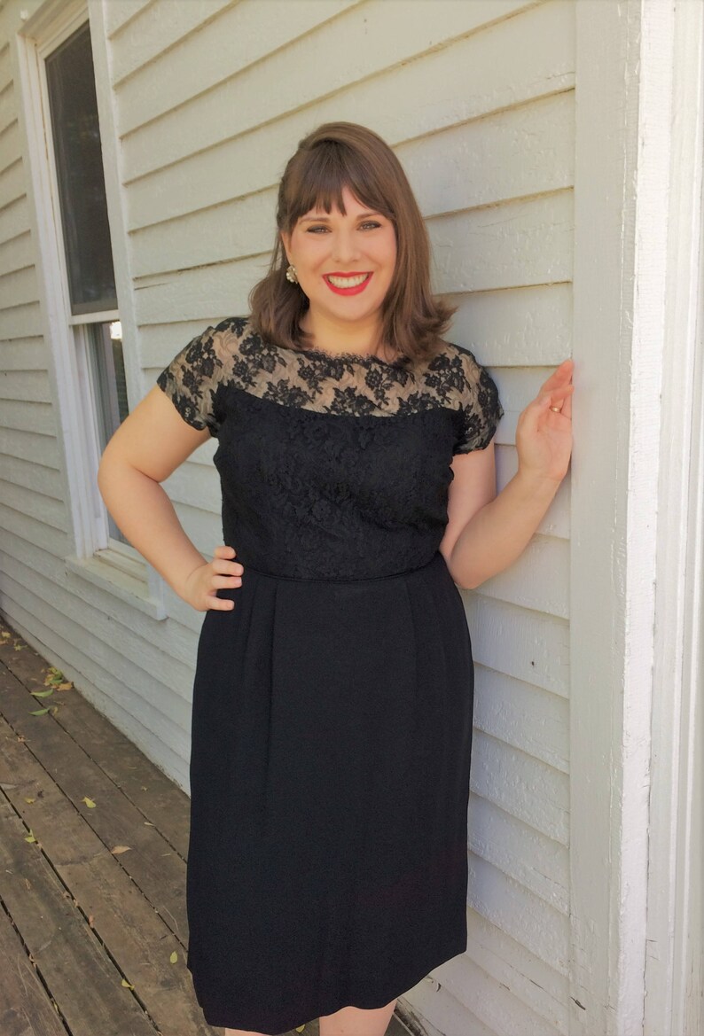 50s Cocktail Dress Black Lace Vintage 1950s XL L