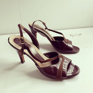 Brown Slingback Heels Open Toe Shoes Vintage 60s Amano