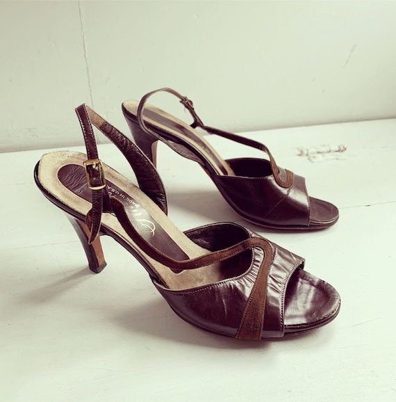 Brown Slingback Heels Open Toe Shoes Vintage 60s A