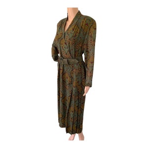 Green Print Silk Dress 80s Long Sleeve Vintage 10 M
