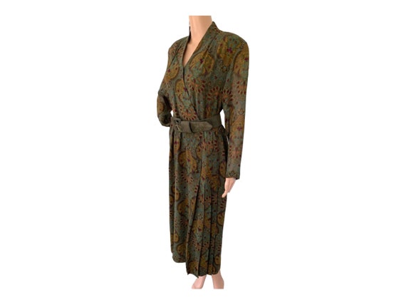 Green Print Silk Dress 80s Long Sleeve Vintage 10… - image 1