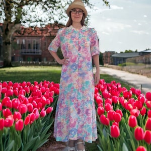 80s Sheer Floral Tea Dress Lace Collar Retro 20s Jane Singer 6 S