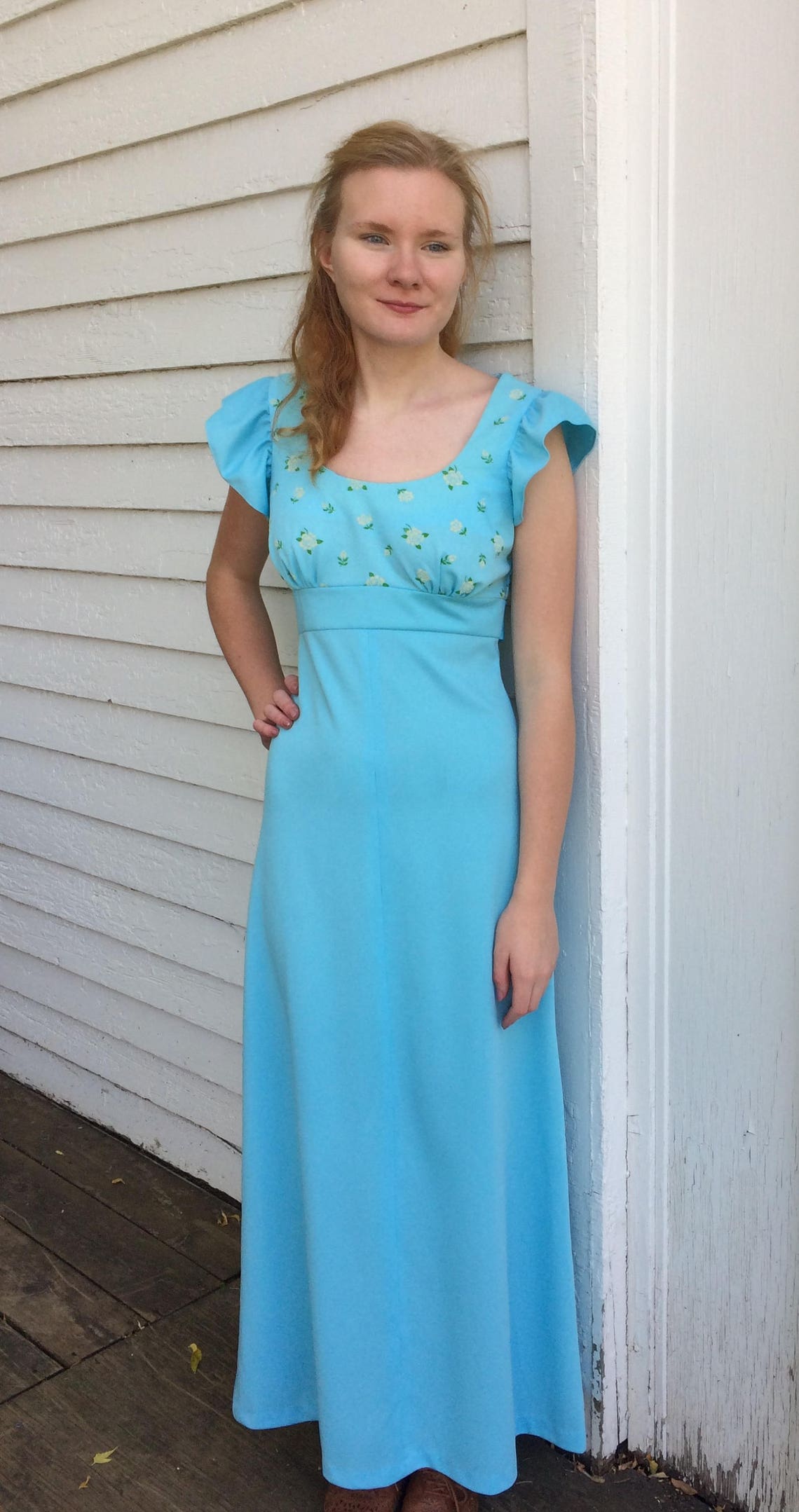 Blue Floral Maxi Dress Open Back 70s Vintage S Etsy