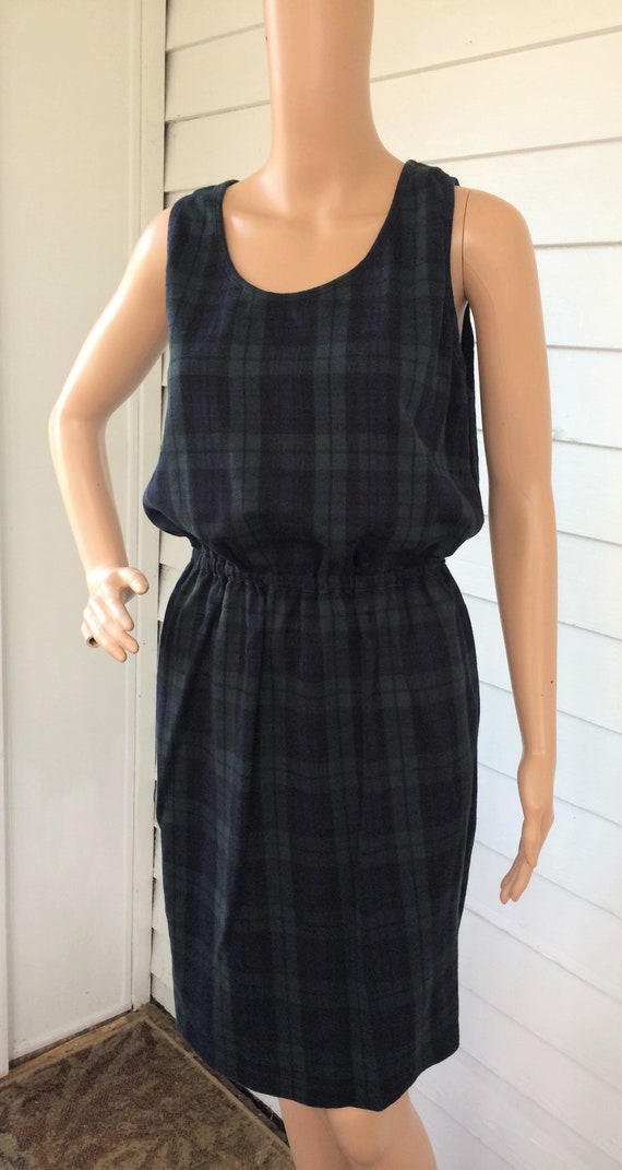 Lands End Plaid Dress Cotton Green Blue Sleeveles… - image 3