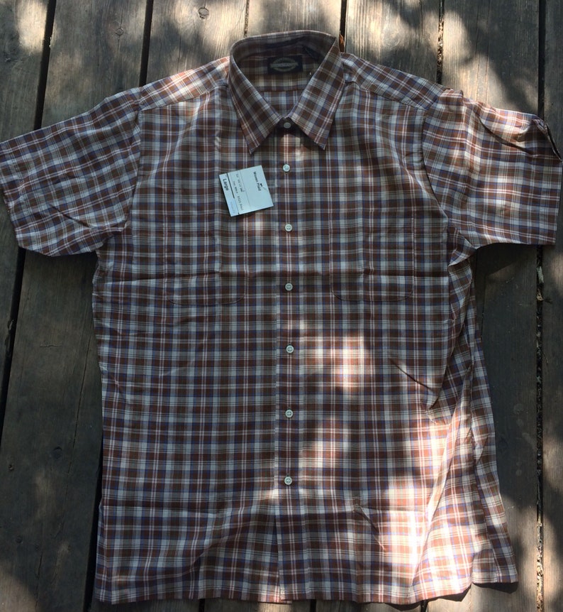 Mens Plaid Summer Shirt Brown Neutral Casual Short Sleeve L