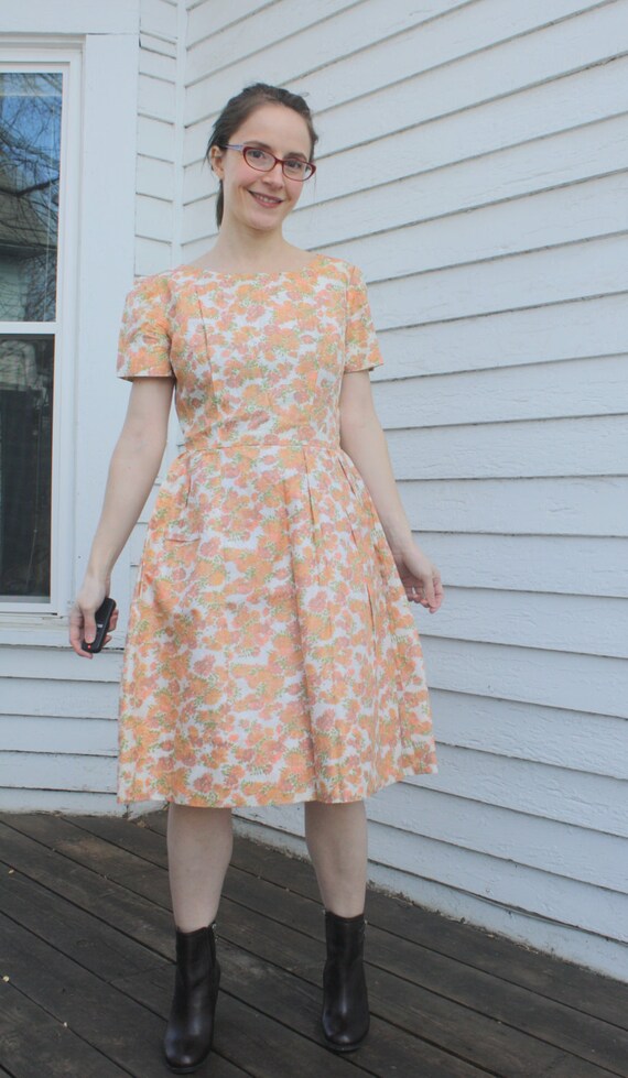 60s Floral Party Dress Peach Vintage 1960s Short … - image 6