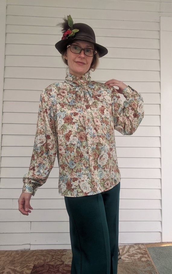 80s Floral Blouse High Neck Long Sleeve S M - image 9
