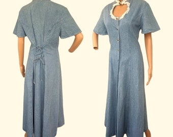80s Denim Choker Dress Country Western Cutout Maxi Lace Up Back Long Vintage Jody Cotton S 7