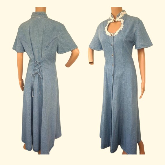 80s Denim Choker Dress Country Western Cutout Max… - image 1