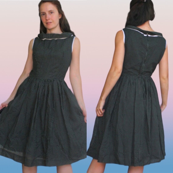 50s Dark Green Dress Polka Dot Print Sleeveless V… - image 1