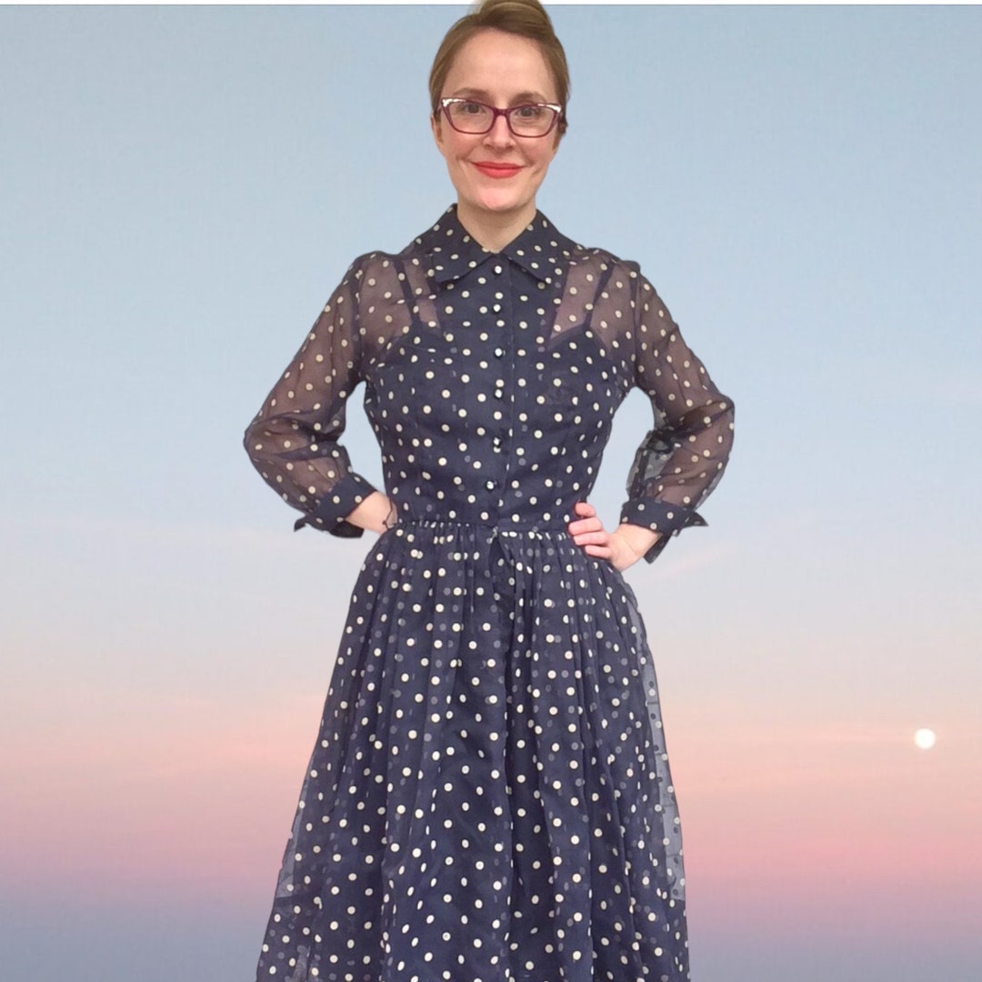 blue polka dot 50s dress Vintage 50s 60s short sleeve navy silk dress with white polka dots