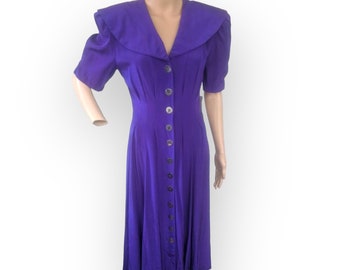 80s Purple Collar Dress Vintage Retro Button Down S XS