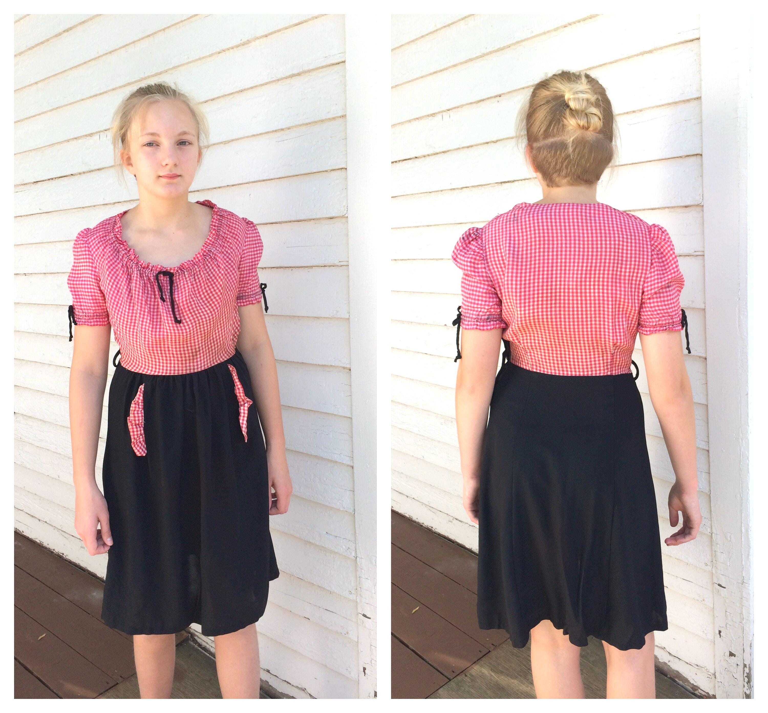 Vestido xadrez vermelho dos anos 30, vintage, rockabilly, como está, tamanho XS, para exibição