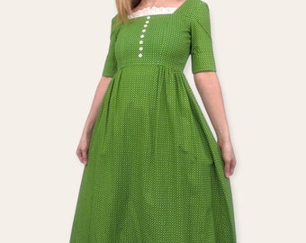 Classical Green Print Dress 70s Vintage XXS 30 Bust