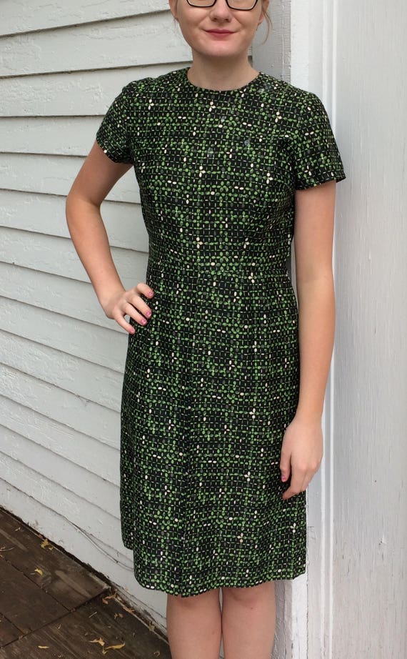 50s Black Green Print Dress Vintage S AS IS - image 3