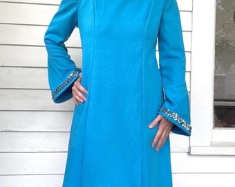 60s Mod Blue Dress Bell Sleeve Long Polyester Gown Vintage S