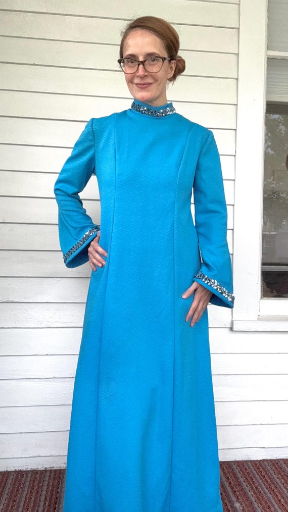 60s Mod Blue Dress Bell Sleeve Long Polyester Gown Vintage S 60s Mod Blue Dress Bell Sleeve Long Polyester Gown Vintage S