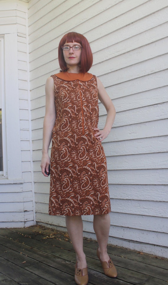 60s Mod Print Dress Rust Spice Sleeveless Vintage… - image 5