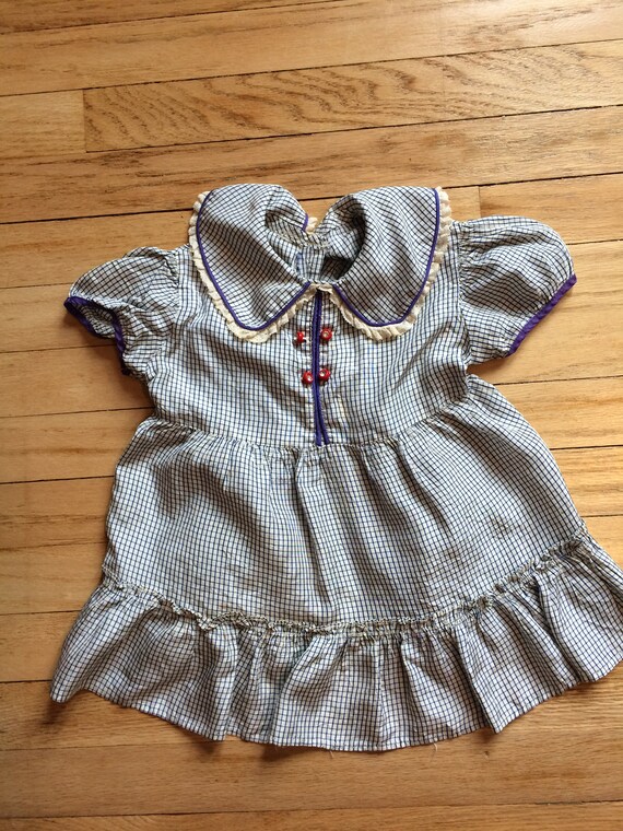 Vintage Baby Girls Gingham Dress White Purple 40s
