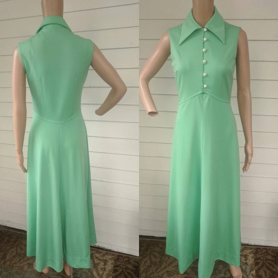 Light Green Dress Maxi Mint Vintage 70s S - image 4