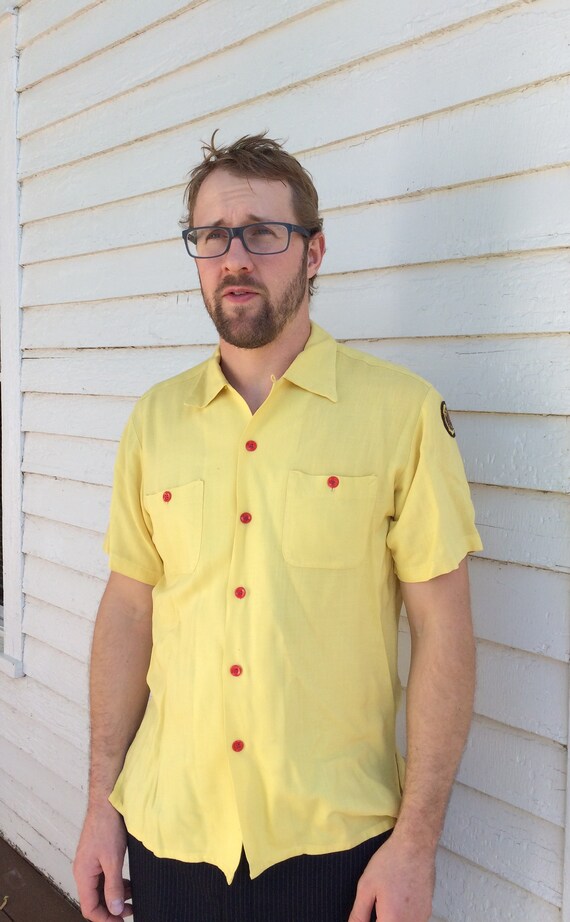 50s Yellow Bowling Shirt Air Flo Mens Short Sleev… - image 3