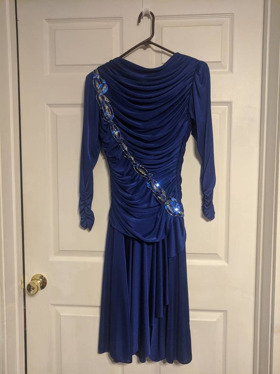 Blue Sequin Dress Beaded Vintage 80s XS Figure Sk… - image 10