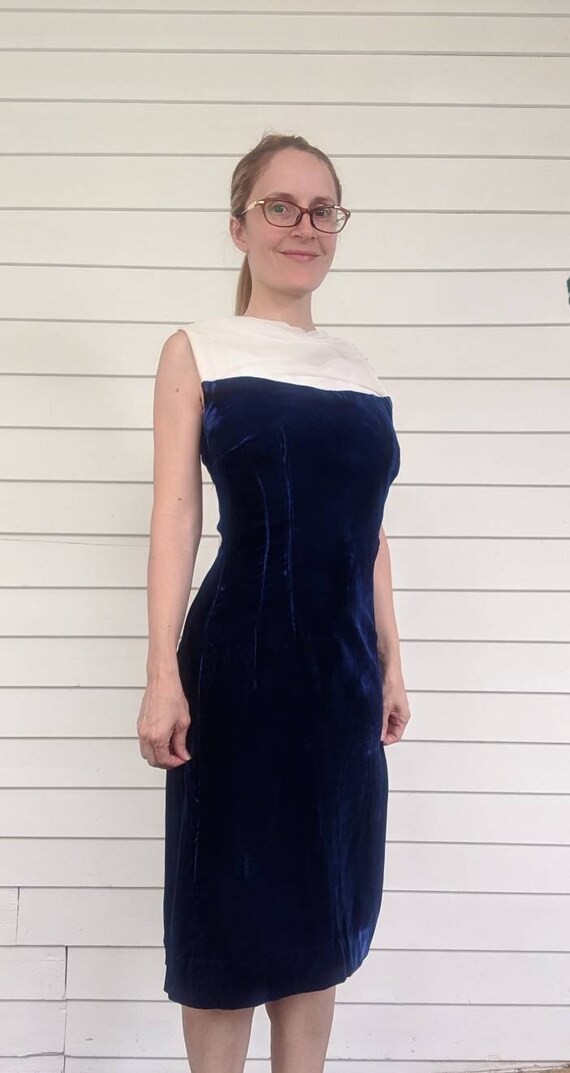 Blue Velvet Party Dress Chiffon 60s Sleeveless XS - image 2
