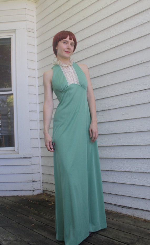 70s Lace Collar Green Dress Retro Victorian Maxi … - image 3