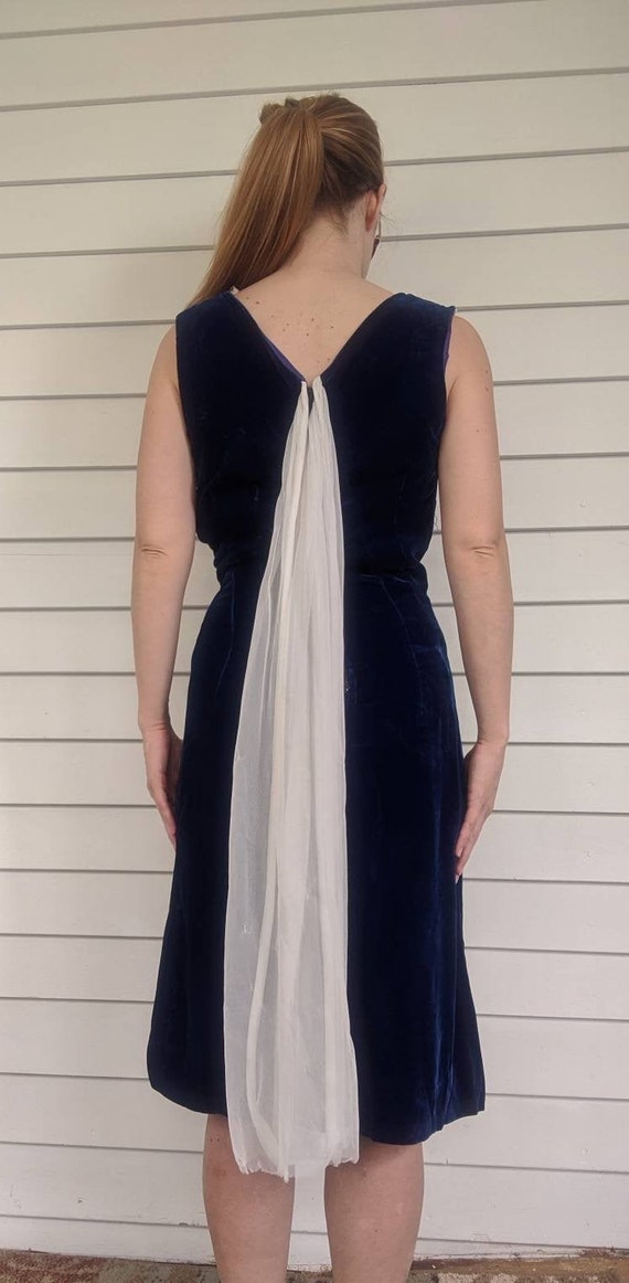 Blue Velvet Party Dress Chiffon 60s Sleeveless XS - image 5