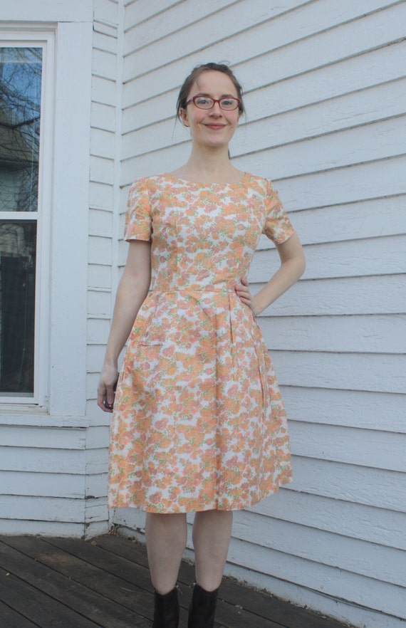 60s Floral Party Dress Peach Vintage 1960s Short … - image 4