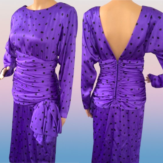 80s Purple Polka Dot Dress I Magnin Vintage Bow S - image 1