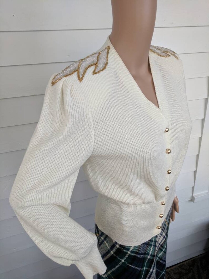 80s Sweater Ivory Beaded Shoulder Jumper Retro Collar Vintage Knit