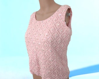 Pink Cashmere Sweater Beaded Sequin Sleeveless 50s 60s Vintage Top S