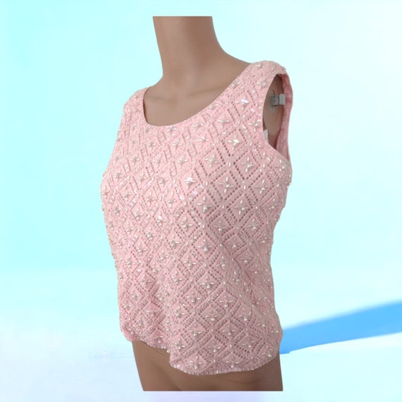 Pink Cashmere Sweater Beaded Sequin Sleeveless 50… - image 1