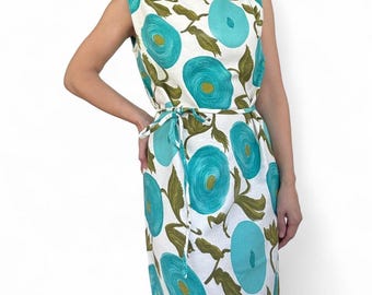 Vintage 60s White Vibrant Abstract Mod Floral Print Sleeveless Dress