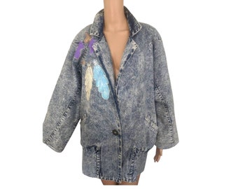 80s Jean Jacket Embellished Denim Feathers Thunderbird Western Boxy Unisex M L