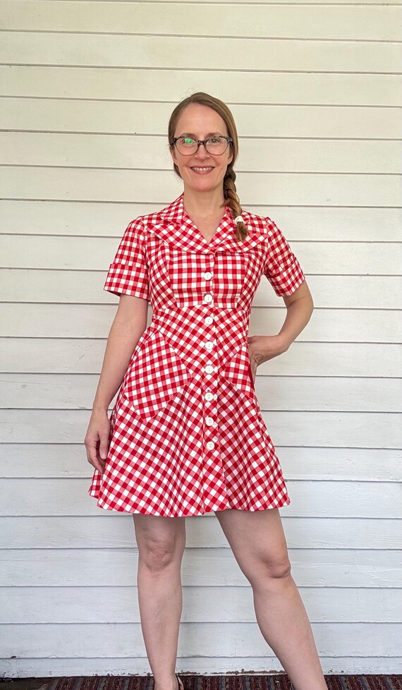 70s Apple Pocket Red Gingham Mini Dress Summer Vintage XS - Etsy